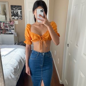Orange Puff Sleeve Crop Top